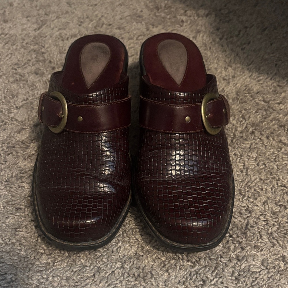 Clarks Maroon Woven Mules with Brass Buckle